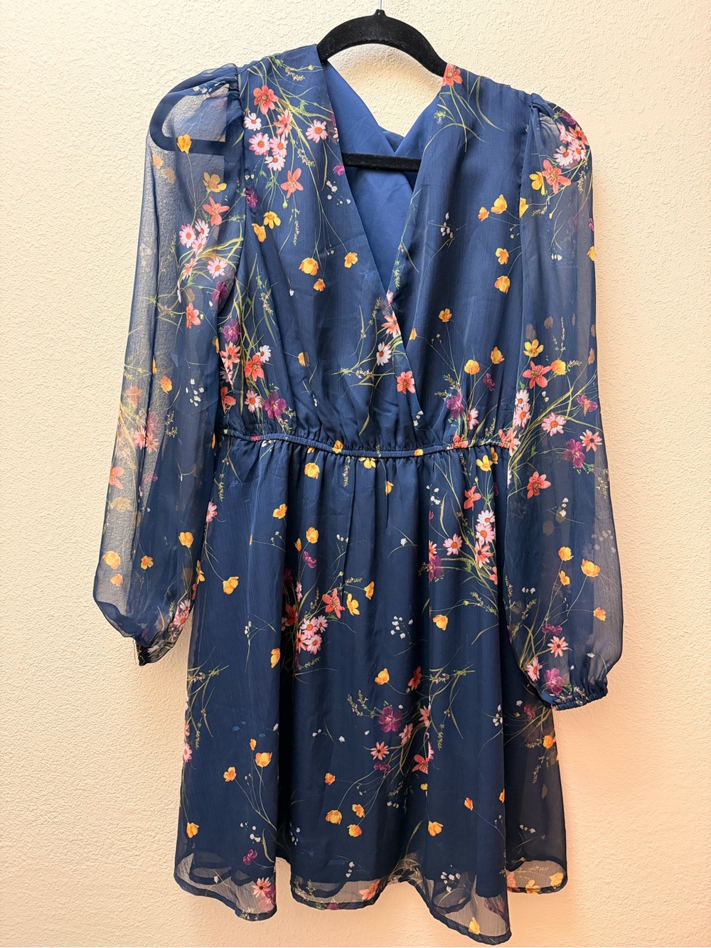 Source Unknown Navy Floral Chiffon Long-Sleeve Dress